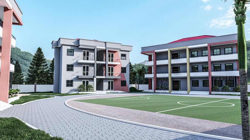 The campus courtyard and football pitch